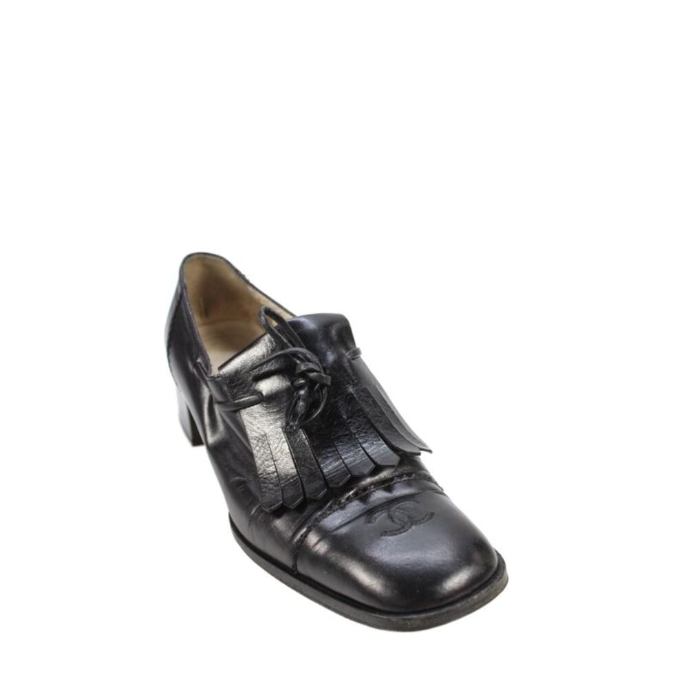 Chanel Womens Leather Fringe Lace Up Oxford Pumps Black Size 40.5 10.5